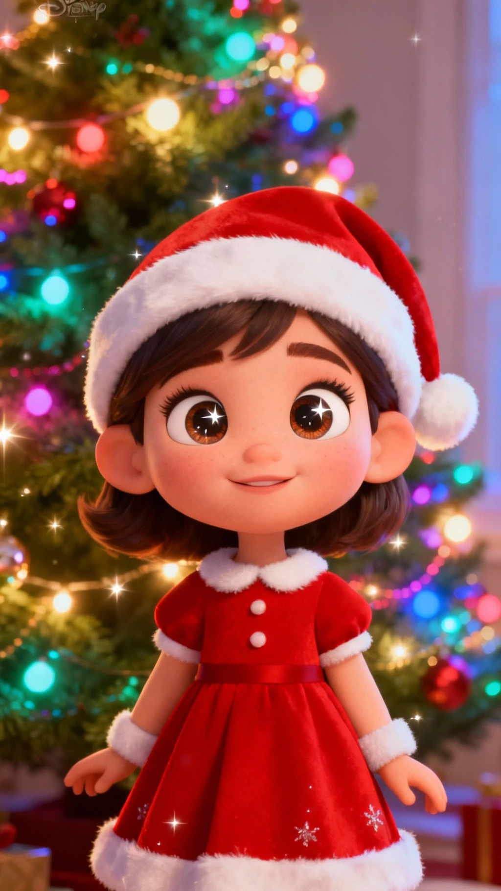 A girl in a red dress and Santa hat